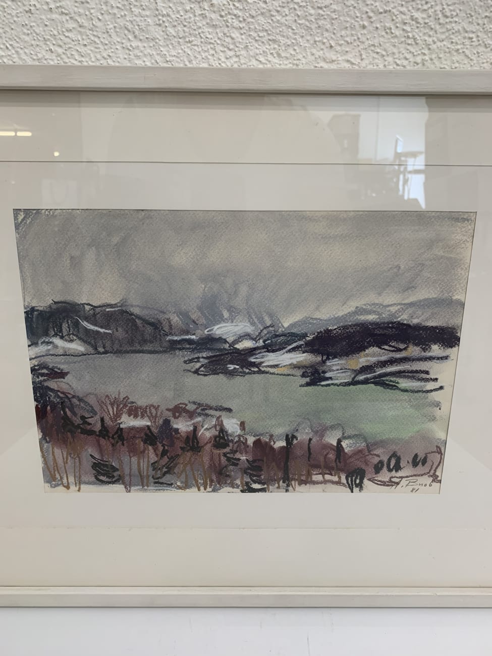 Vintage Aquarell Landschaft im weissen Holzrahmen signiert
