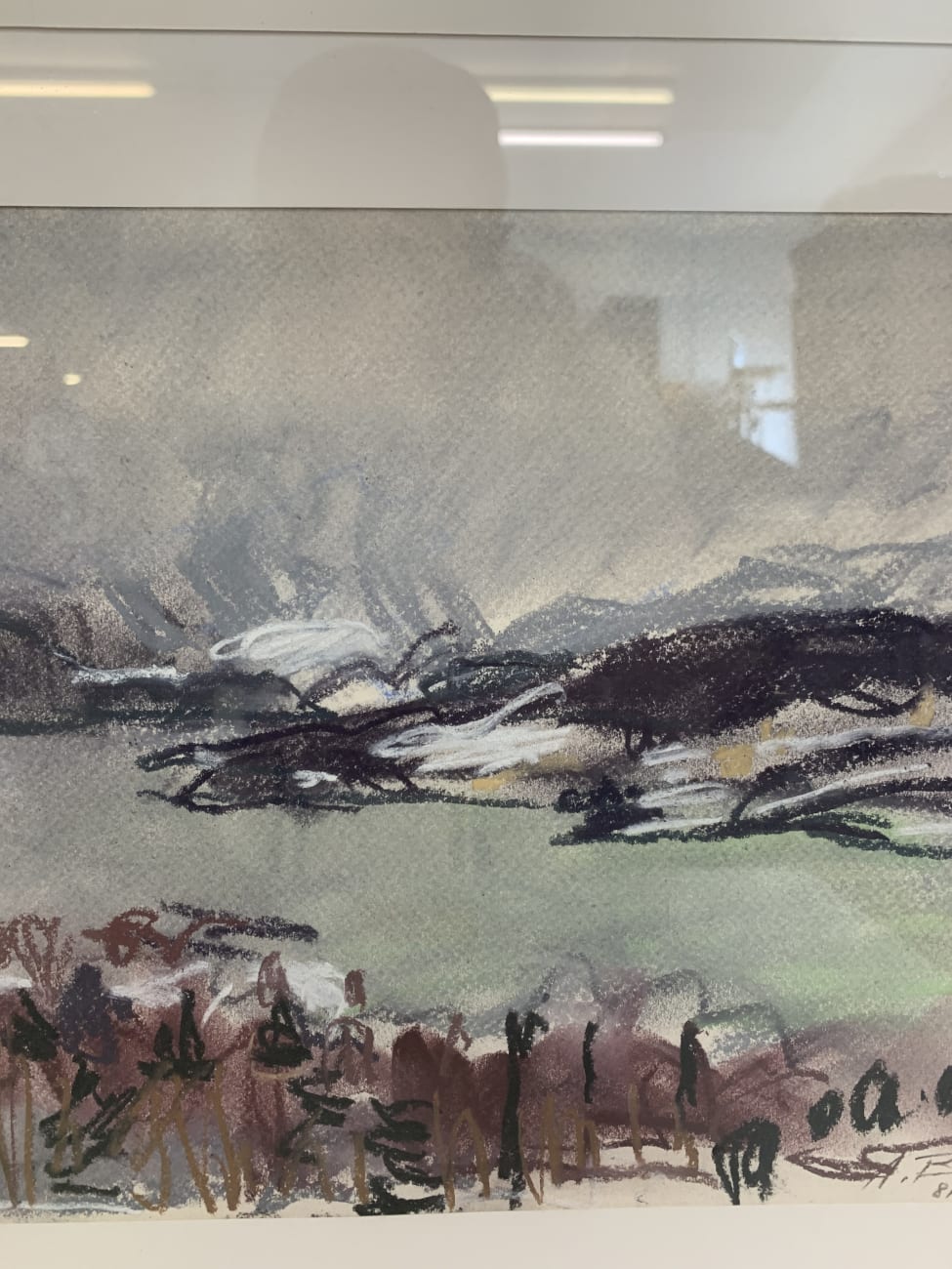 Vintage Aquarell Landschaft im weissen Holzrahmen signiert